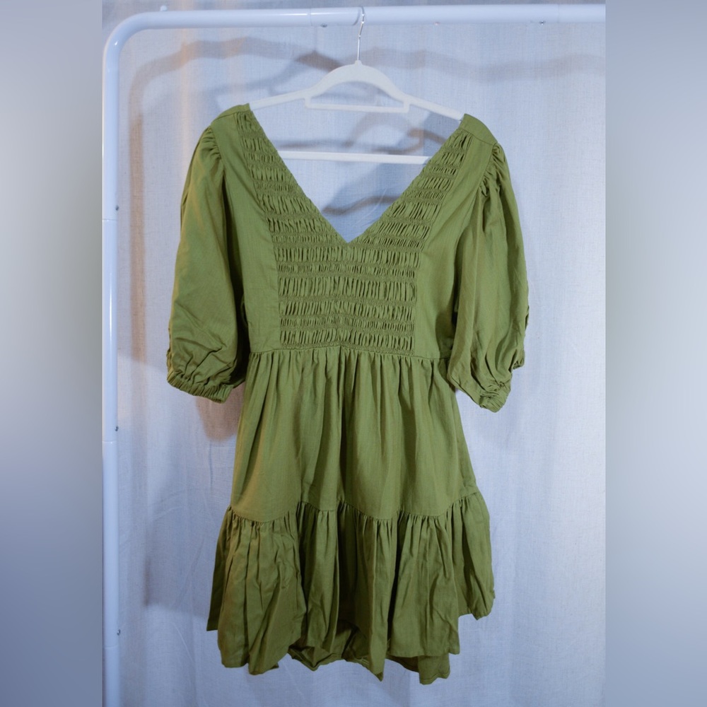 Linen Babydoll Dress in Olive Green